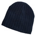 A navy blue cable knit beanie features a ribbed texture and has a logo on it.