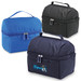 A set of lunch bags in blue and black, featuring zippered compartments and carrying handles. One has a logo.