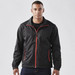 A black jacket with red accents and a zippered front, featuring side pockets and a stand-up collar.