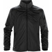 A black jacket featuring a zip front, a collar, and pockets, with a logo on the left side.
