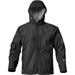 A black men's jacket with a hood, featuring multiple pockets and a logo on the sleeve.