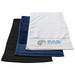 Three gym towels in black, navy, and white, featuring a logo on the white towel.