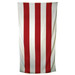 A striped towel featuring red and white horizontal stripes, with a simple design and a logo in one corner.