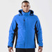 A men's 3-in-1 jacket in bright blue with black accents and a hood, featuring a logo on the sleeve.