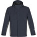 A dark grey men's jacket with a hood, featuring contrasting lighter grey panels and a logo on the sleeve.