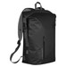 A waterproof black backpack with adjustable straps, featuring a front zip pocket and a branding logo. A waterproof black backpack with adjustable straps, featuring a front zip pocket and a branding logo.