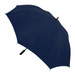 A navy blue umbrella with a sleek, curved handle and a black branding logo. A navy blue umbrella with a sleek, curved handle and a black branding logo.
