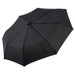 A compact black umbrella featuring eight panels, with a central button and a branding logo on the handle.