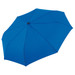 A blue compact umbrella with a smooth canopy and a central button for opening and closing. It has a logo on the handle.