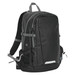 A sleek black backpack with multiple compartments, adjustable straps, and a mesh side pocket. It features a logo. A sleek black backpack with multiple compartments, adjustable straps, and a mesh side pocket. It features a logo.