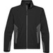 A black softshell jacket with grey panel details, featuring a high collar and zippered pockets, includes a logo. A black softshell jacket with grey panel details, featuring a high collar and zippered pockets, includes a logo.