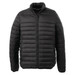 A black puffer jacket with a zip front and a stand-up collar. The jacket features a quilted design and has a logo. A black puffer jacket with a zip front and a stand-up collar. The jacket features a quilted design and has a logo.