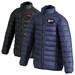 A puffer jacket featuring two colour options: black and navy blue, each with a logo on the chest. A puffer jacket featuring two colour options: black and navy blue, each with a logo on the chest.