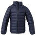 A navy blue puffer jacket featuring a zippered front and quilted design, with a high collar and long sleeves. A navy blue puffer jacket featuring a zippered front and quilted design, with a high collar and long sleeves.