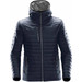 A navy puffer jacket with a hood, featuring zippered pockets and a logo on the chest.
