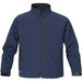 A navy men's bonded jacket with a front zipper and side pockets, featuring a branded logo on the lower hem.