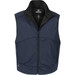 A navy blue men's vest with a high collar, featuring a zip front and side pockets. It has a logo on the design. A navy blue men's vest with a high collar, featuring a zip front and side pockets. It has a logo on the design.