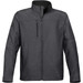 A grey men's soft shell jacket with a zippered front and multiple pockets. It features a logo on one sleeve. A grey men's soft shell jacket with a zippered front and multiple pockets. It features a logo on one sleeve.