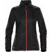 A women's rain jacket in black with red zippers and accents, featuring a stand-up collar and zippered pockets.
