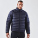 A navy puffer jacket features a high collar and zippered front, worn by a model against a plain background.