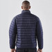 A navy men's puffer jacket with a quilted design and a collar. It features a logo on the back.