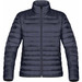 A women's puffy jacket in navy blue with a high collar and zippered pockets, featuring a logo on the side.