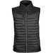A black thermal vest with a zip front, featuring horizontal stitching and blue accents, including a logo.