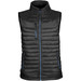 A black men's thermal vest with a high collar and blue zipper details, featuring multiple pockets and a branded logo. A black men's thermal vest with a high collar and blue zipper details, featuring multiple pockets and a branded logo.