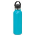 A drink bottle in bright turquoise with a black carry lid and a stainless steel band. It features a logo. A drink bottle in bright turquoise with a black carry lid and a stainless steel band. It features a logo.