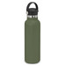 A drink bottle in matte olive green with a black carry lid and a metal accent. It features a logo. A drink bottle in matte olive green with a black carry lid and a metal accent. It features a logo.