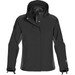 A black women's jacket with a hood, featuring a zippered pocket and adjustable cuffs. It has a logo on the sleeve.