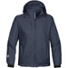 A lightweight men's rain jacket in navy blue with a hood and zippers, featuring a logo. A lightweight men's rain jacket in navy blue with a hood and zippers, featuring a logo.