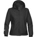 A women’s black rain jacket with a hood, featuring zipped pockets and a branded logo on the sleeve. A women’s black rain jacket with a hood, featuring zipped pockets and a branded logo on the sleeve.