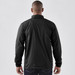 A black men's rain jacket featuring a collar and elasticated cuffs, displaying the back view. Logo present.