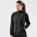 A black women's rain jacket featuring a zip front and elasticised cuffs, with a logo displayed.