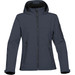A women's softshell jacket in dark navy, featuring a hood and multiple zippered pockets, with a logo on the sleeve.