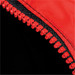 A close-up of a red zipper on a black puffer jacket with a textured fabric. The jacket features a logo. A close-up of a red zipper on a black puffer jacket with a textured fabric. The jacket features a logo.