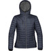 A women's puffer jacket in navy blue with a hood and zippered pockets, featuring a logo. A women's puffer jacket in navy blue with a hood and zippered pockets, featuring a logo.