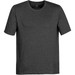 A grey men's short-sleeve T-shirt featuring a round neck and a logo on the hem. A grey men's short-sleeve T-shirt featuring a round neck and a logo on the hem.