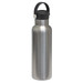 A stainless steel drink bottle with a black carry lid and a sleek, modern design. It features a branding logo. A stainless steel drink bottle with a black carry lid and a sleek, modern design. It features a branding logo.