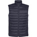 A dark navy thermal vest featuring a zip closure and a stand collar, with a branded logo. A dark navy thermal vest featuring a zip closure and a stand collar, with a branded logo.