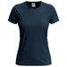 A women's classic T-shirt in dark navy blue, featuring a round neckline and short sleeves with a logo. A women's classic T-shirt in dark navy blue, featuring a round neckline and short sleeves with a logo.