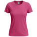 A pink women's classic T-shirt with a round neckline and short sleeves, featuring a logo. A pink women's classic T-shirt with a round neckline and short sleeves, featuring a logo.