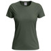 A green women's classic T-shirt with a round neckline and short sleeves, featuring a logo on the label. A green women's classic T-shirt with a round neckline and short sleeves, featuring a logo on the label.