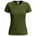 A women's classic T-shirt in olive green, featuring a round neckline and short sleeves. It has a logo on the label. A women's classic T-shirt in olive green, featuring a round neckline and short sleeves. It has a logo on the label.