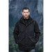 A black men's parka featuring a zip-up front, hood, and two front pockets, set against a natural backdrop. A black men's parka featuring a zip-up front, hood, and two front pockets, set against a natural backdrop.