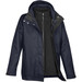 A navy women's parka featuring a removable black fleece liner and a hood, designed as a 3-in-1 rain jacket. A navy women's parka featuring a removable black fleece liner and a hood, designed as a 3-in-1 rain jacket.