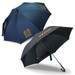 Two umbrellas displayed, one navy blue with a logo and the other black featuring a different logo. Two umbrellas displayed, one navy blue with a logo and the other black featuring a different logo.