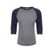 A unisex tri-blend 3/4 raglan shirt in grey with navy sleeves, featuring a discreet logo.
