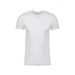 A white crew neck t-shirt with short sleeves. The shirt has a branding logo on it.